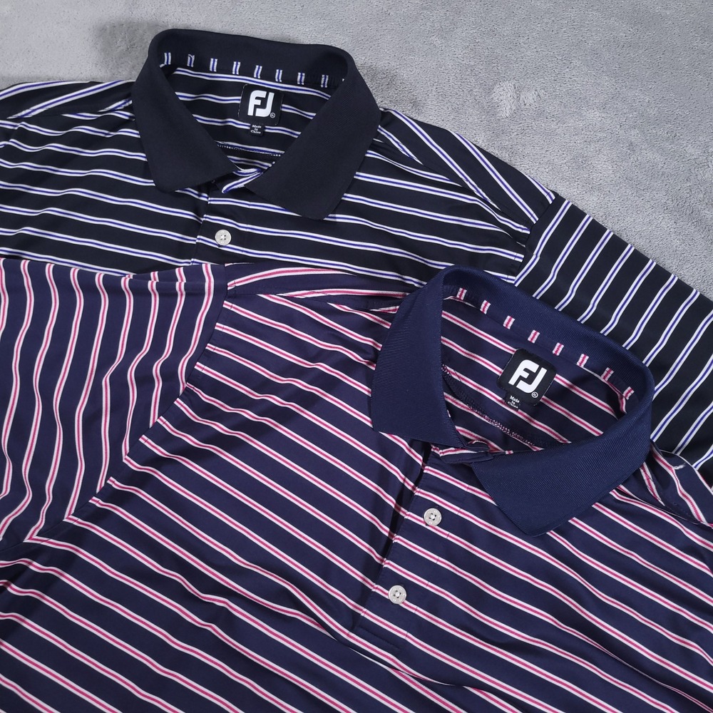 Lot of 2 FootJoy Shirts Mens XL Navy Blue Striped Polo‎ Golf Performance Stretch